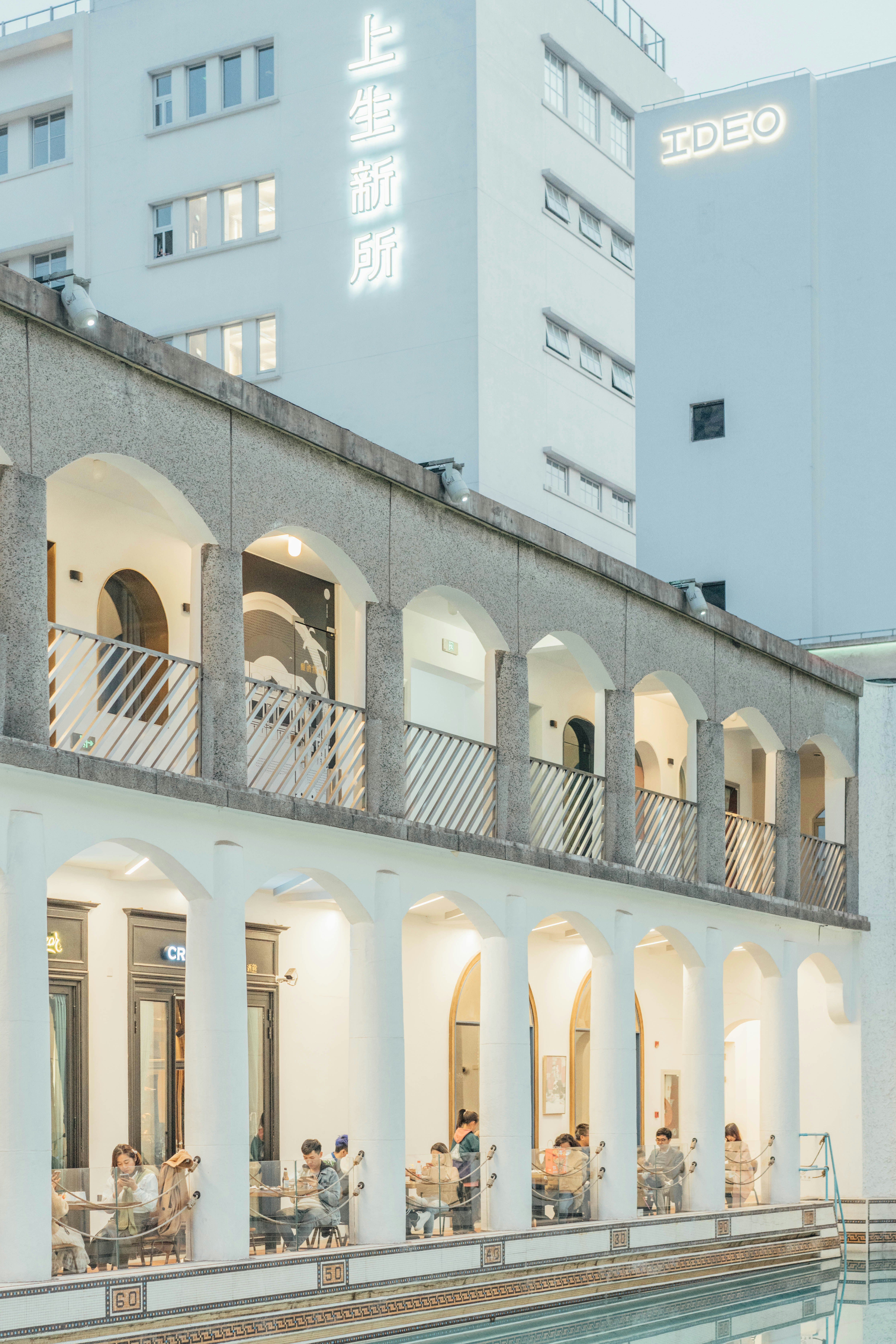 Cafe building and evening terrace